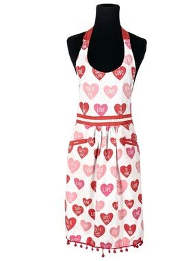 SUR LA TABLE Apron Red Love Heart Pom Pom Trim